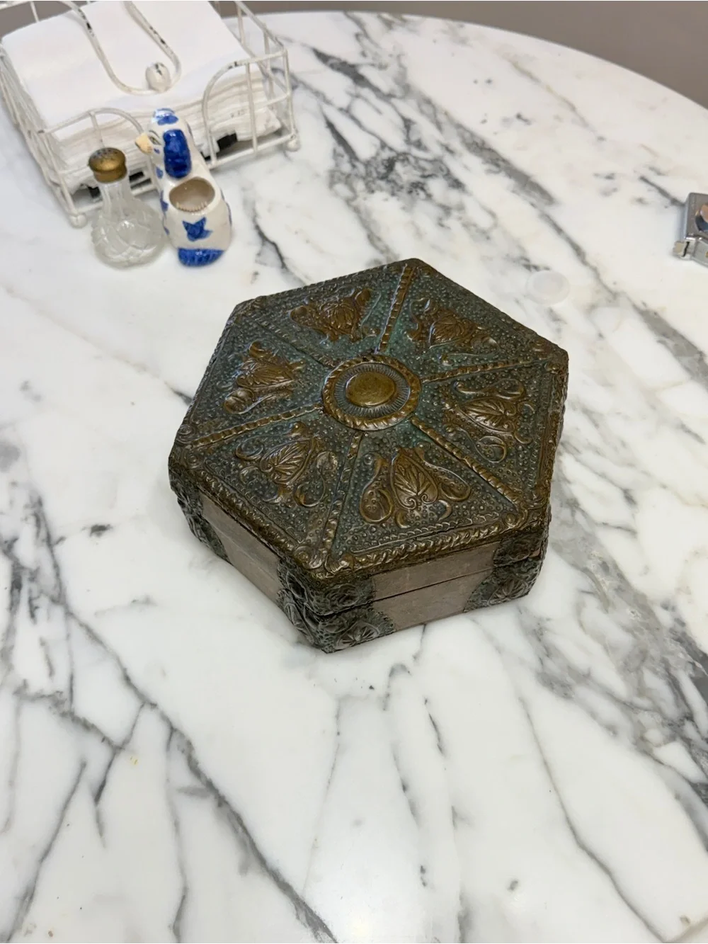 Antique Brass & Wood Ornate Hexagonal Decorative Trinket Box from Czech Republic